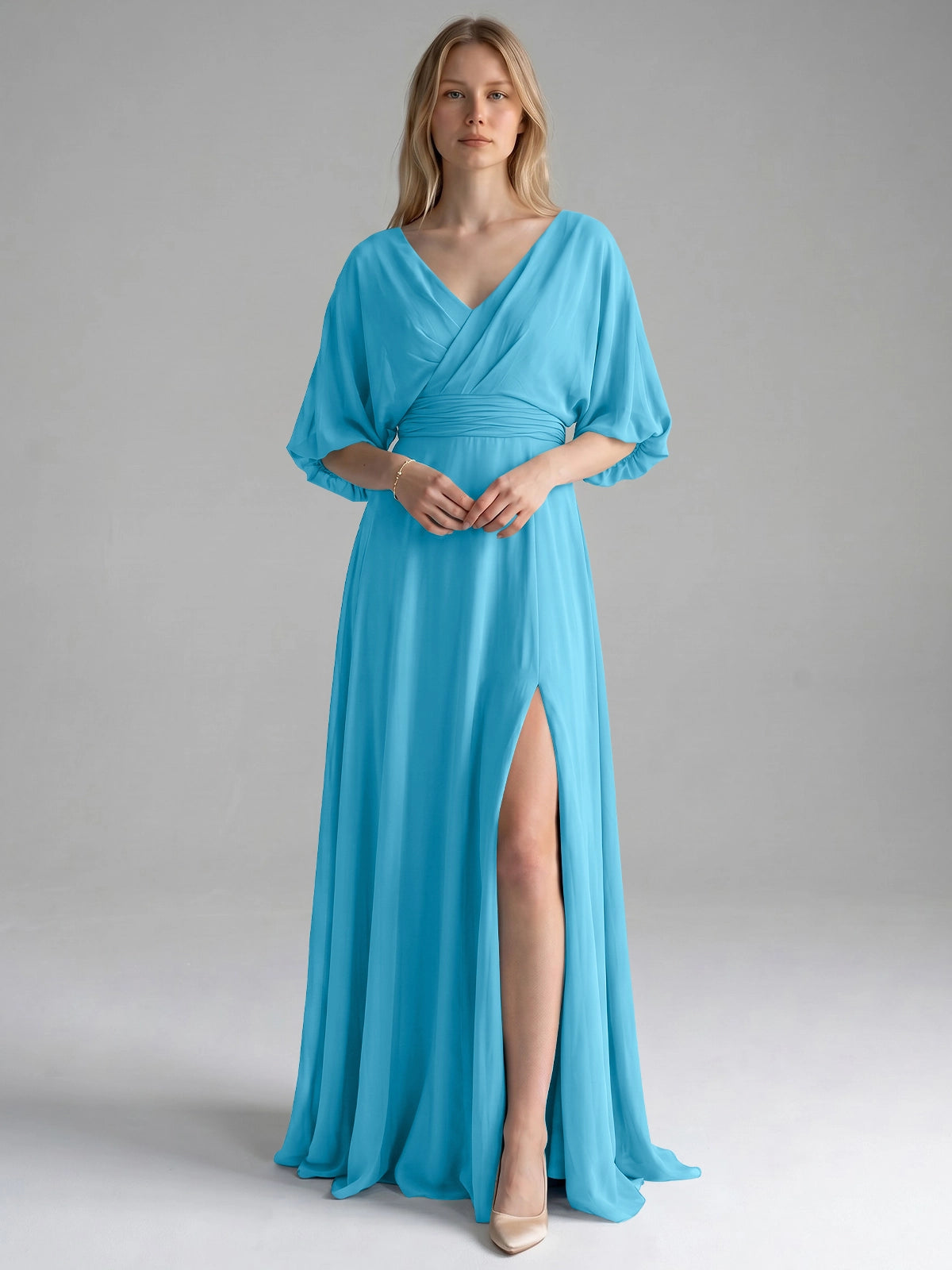 V-neck Slit Ruched Mother Dress 