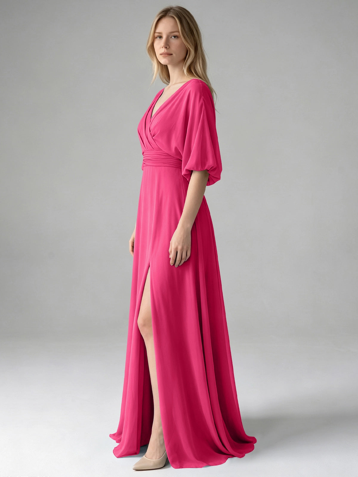 V-neck Slit Ruched Mother Dress 