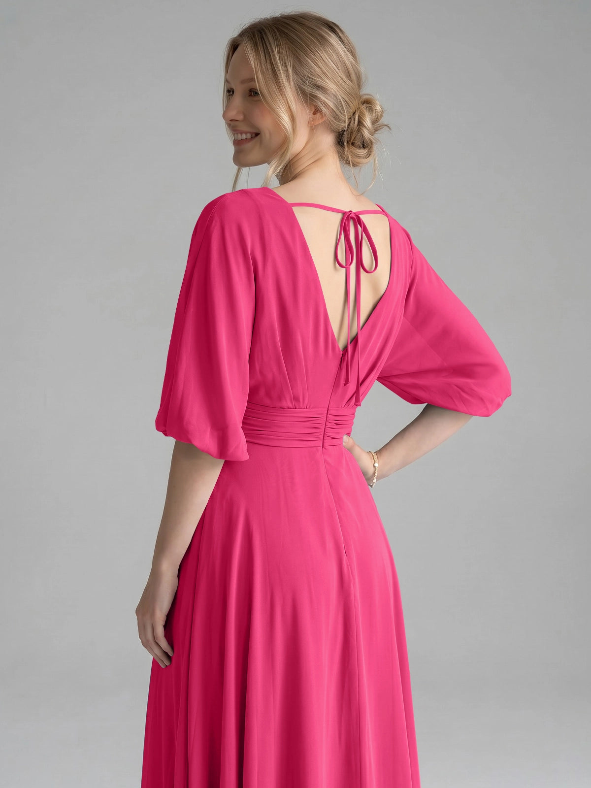 V-neck Slit Ruched Mother Dress 