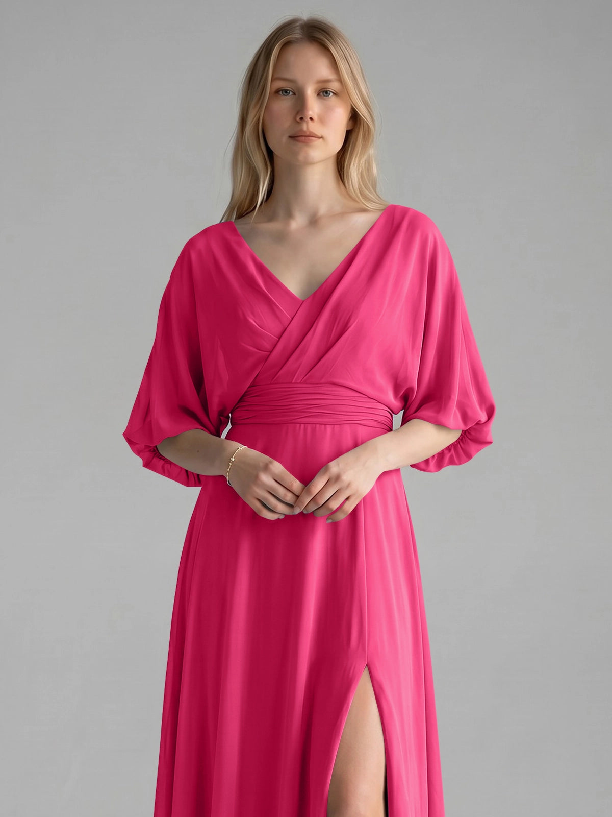V-neck Slit Ruched Mother Dress 