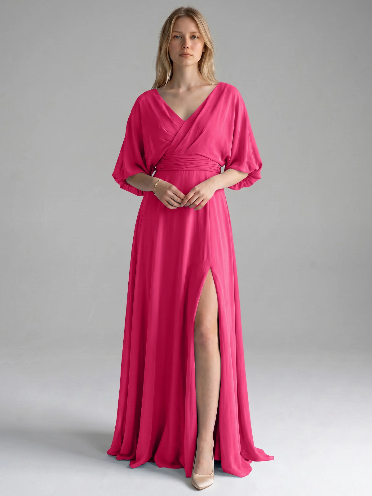 V-neck Slit Ruched Mother Dress 