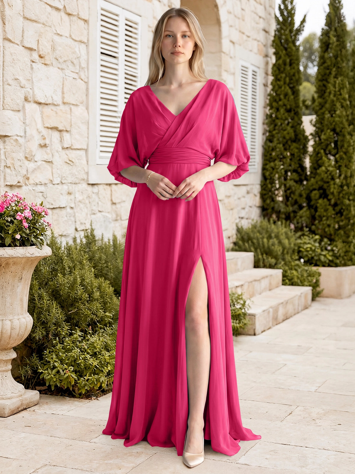 V-neck Slit Ruched Mother Dress 