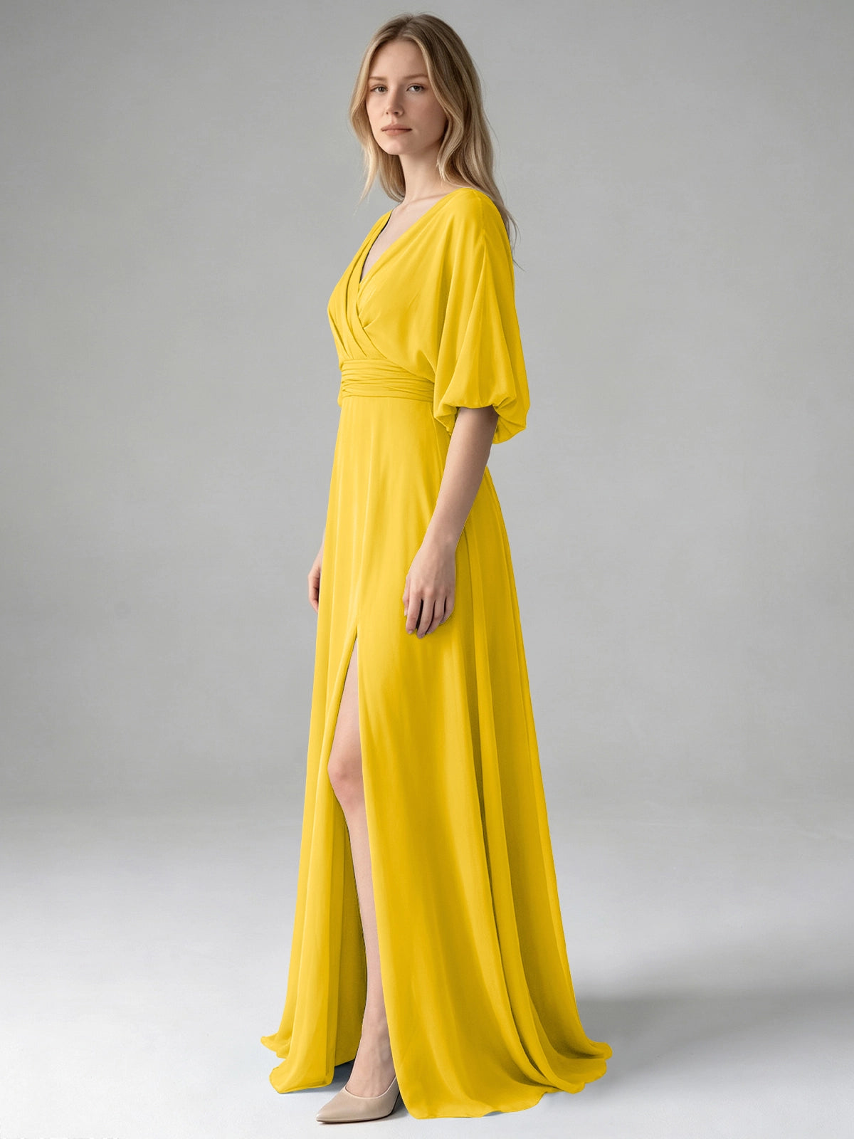 V-neck Slit Ruched Mother Dress 