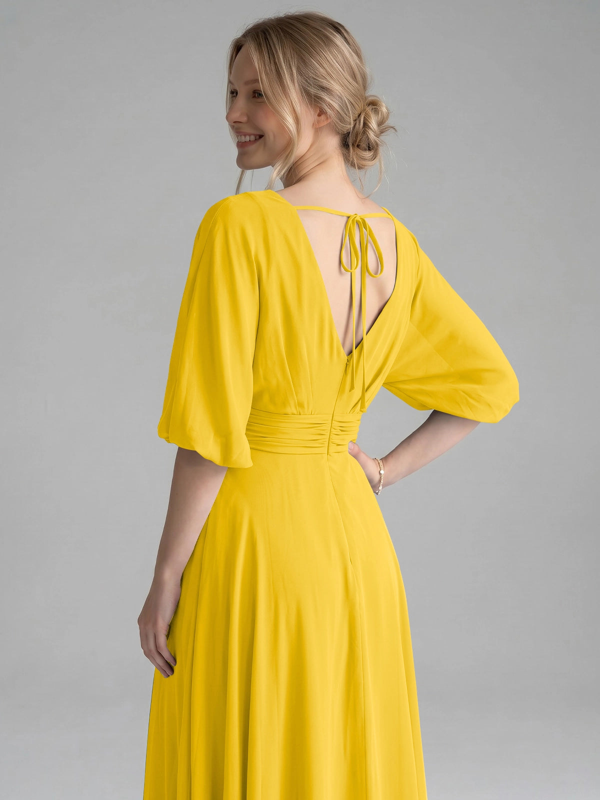V-neck Slit Ruched Mother Dress 