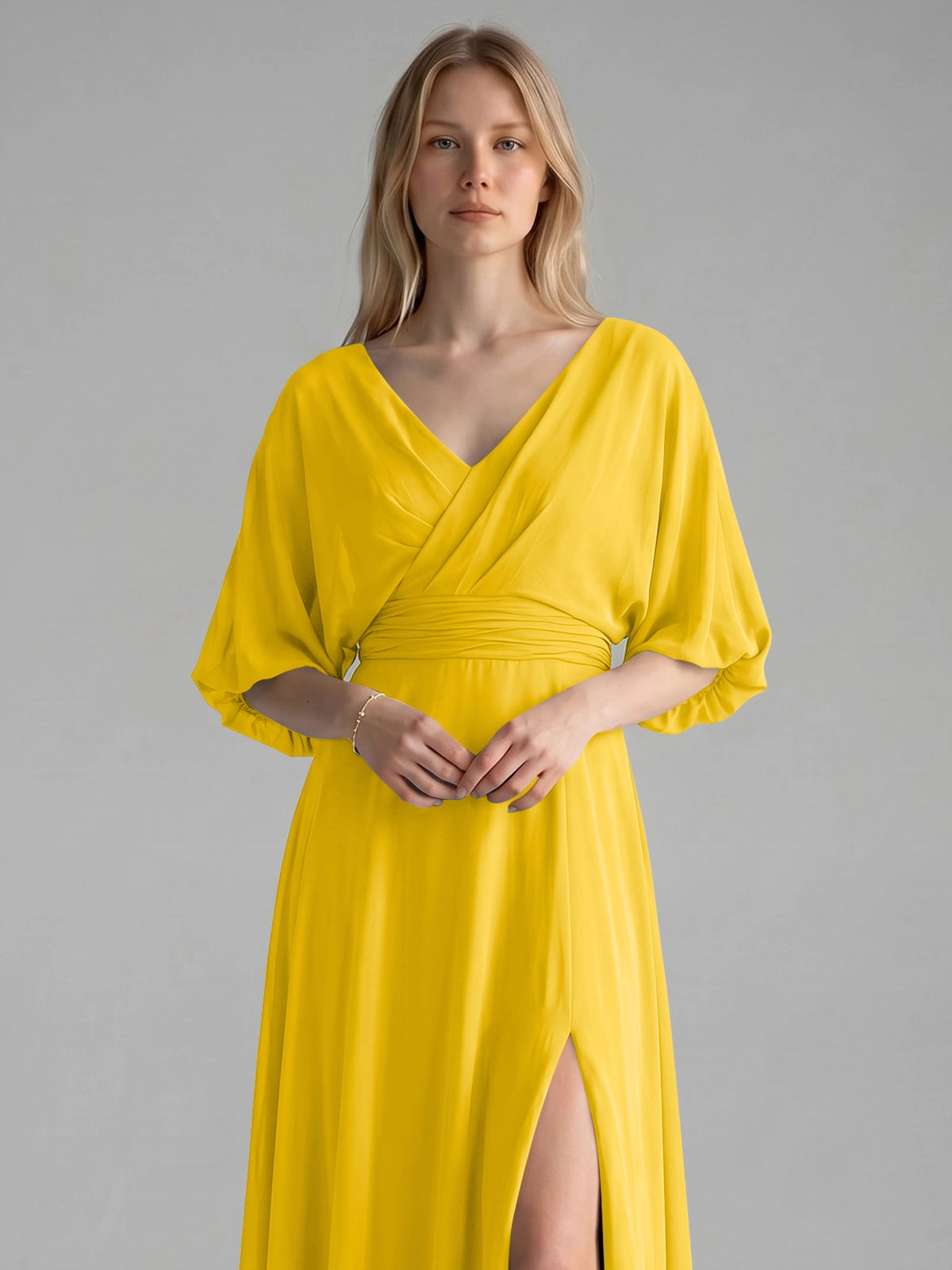 V-neck Slit Ruched Mother Dress 