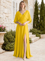V-neck Slit Ruched Mother Dress 