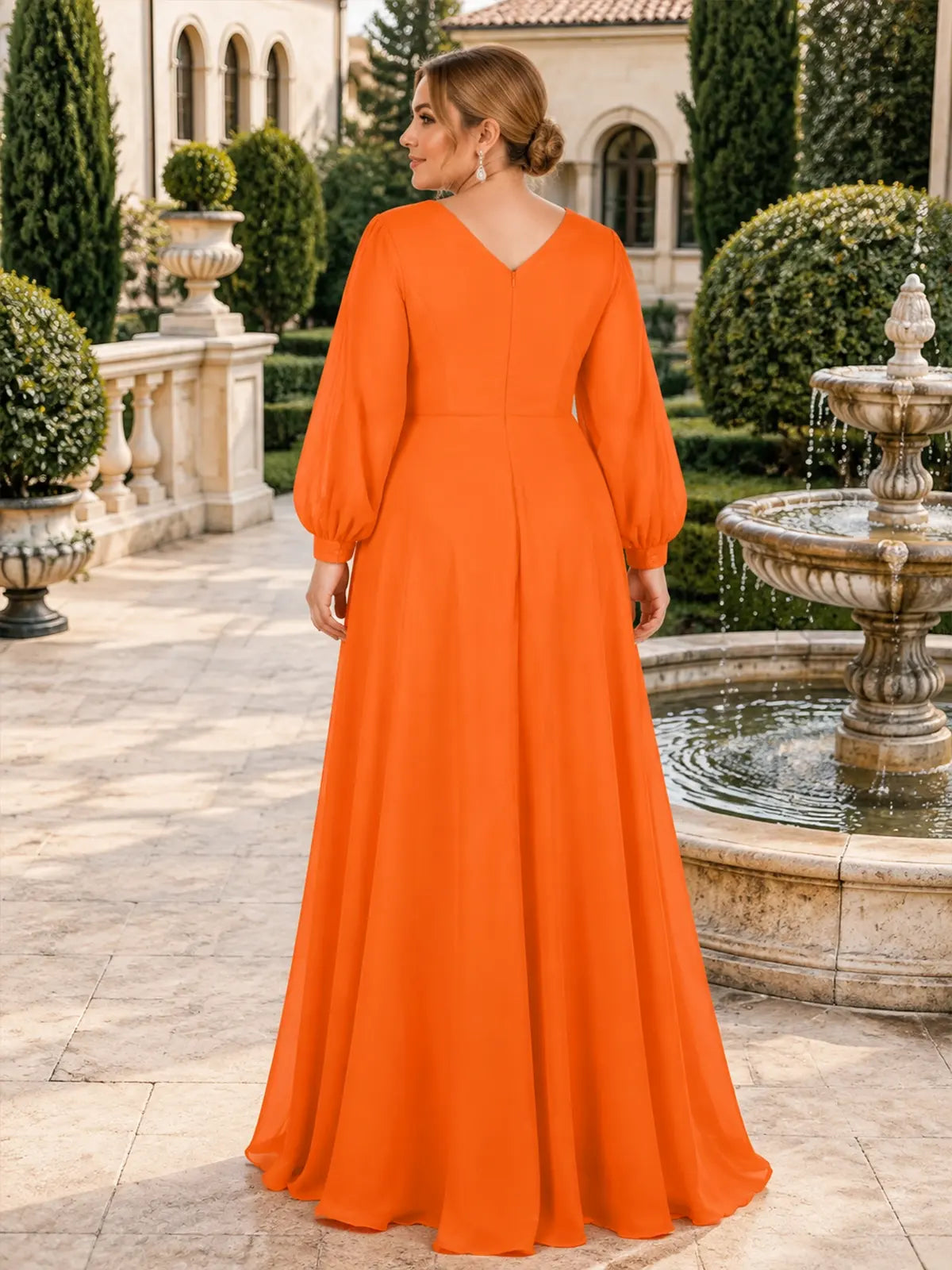 Long Sleeves Applique Chiffon Dress-Plus Size