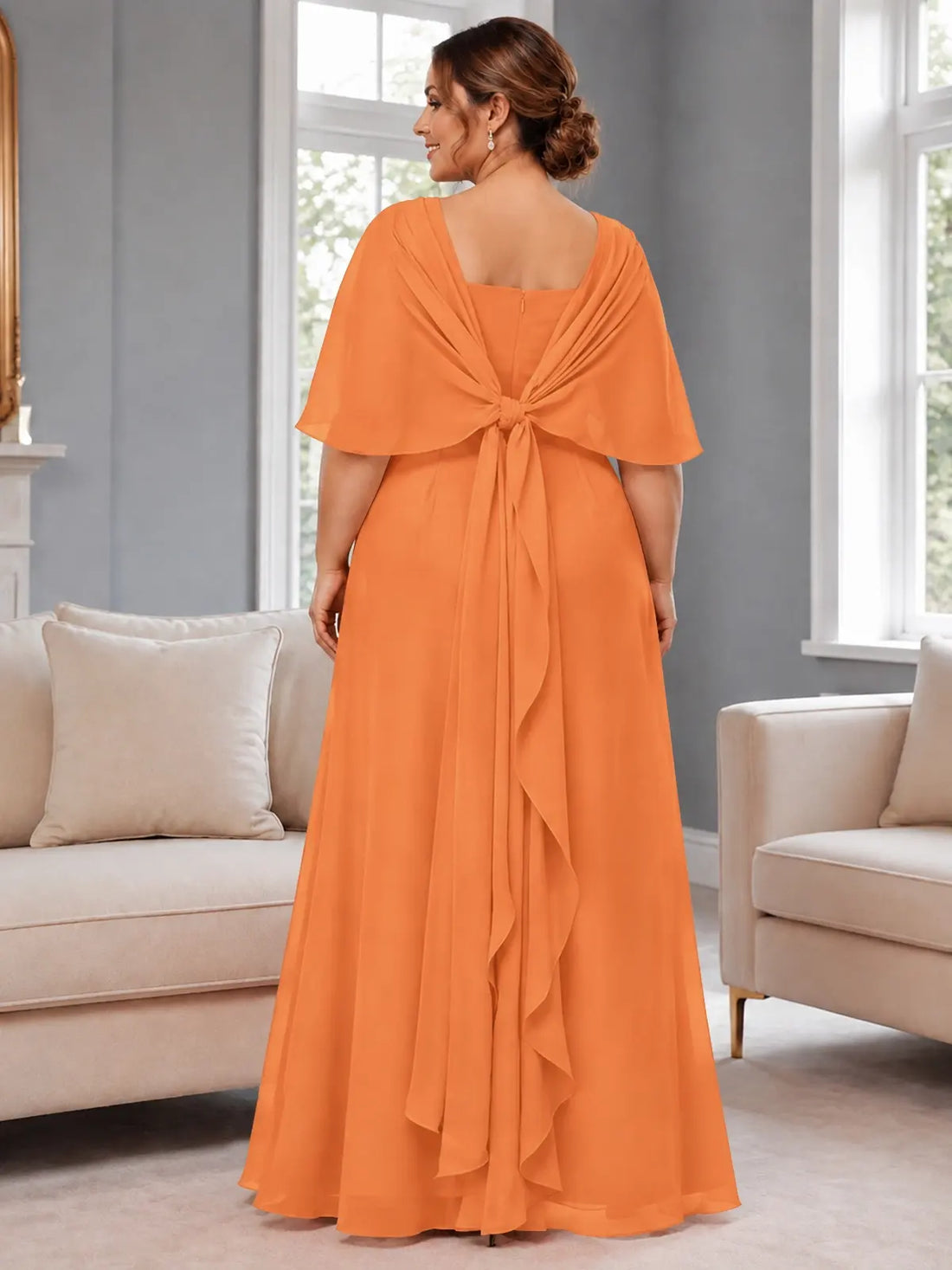 Chiffon Mother of the Bride Dress with Cape Overlay-Plus Size