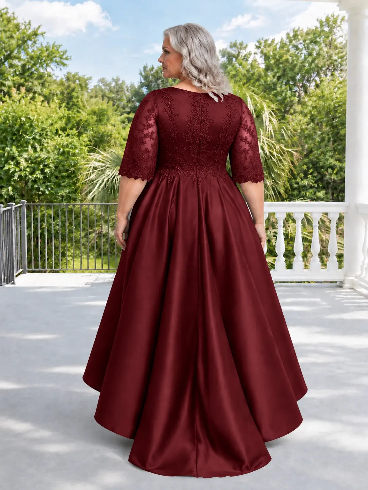 Satin Mother of the Bride Dress with Lace Sleeves-Plus Size