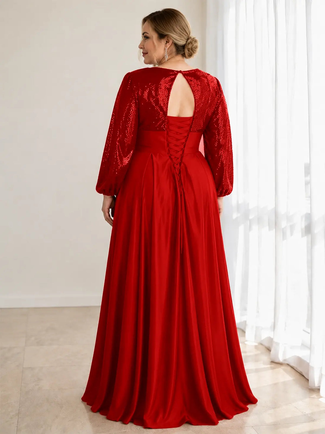 Sequined Sleeves Corset A-Line Dress-Plus Size