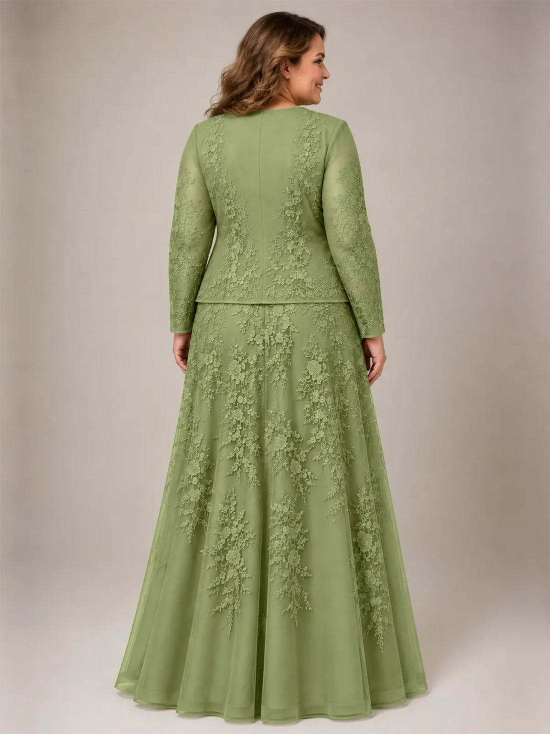 Two-Piece Lace Mother of the Bride Dress with Long Sleeves-Plus Size