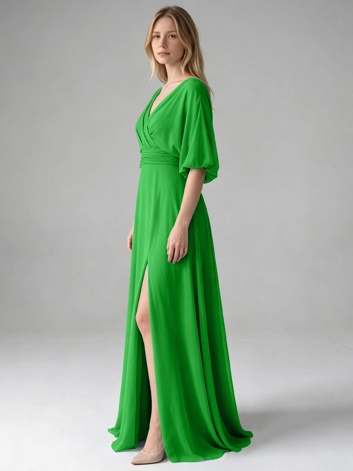 V-neck Slit Ruched Mother Dress 