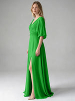V-neck Slit Ruched Mother Dress 