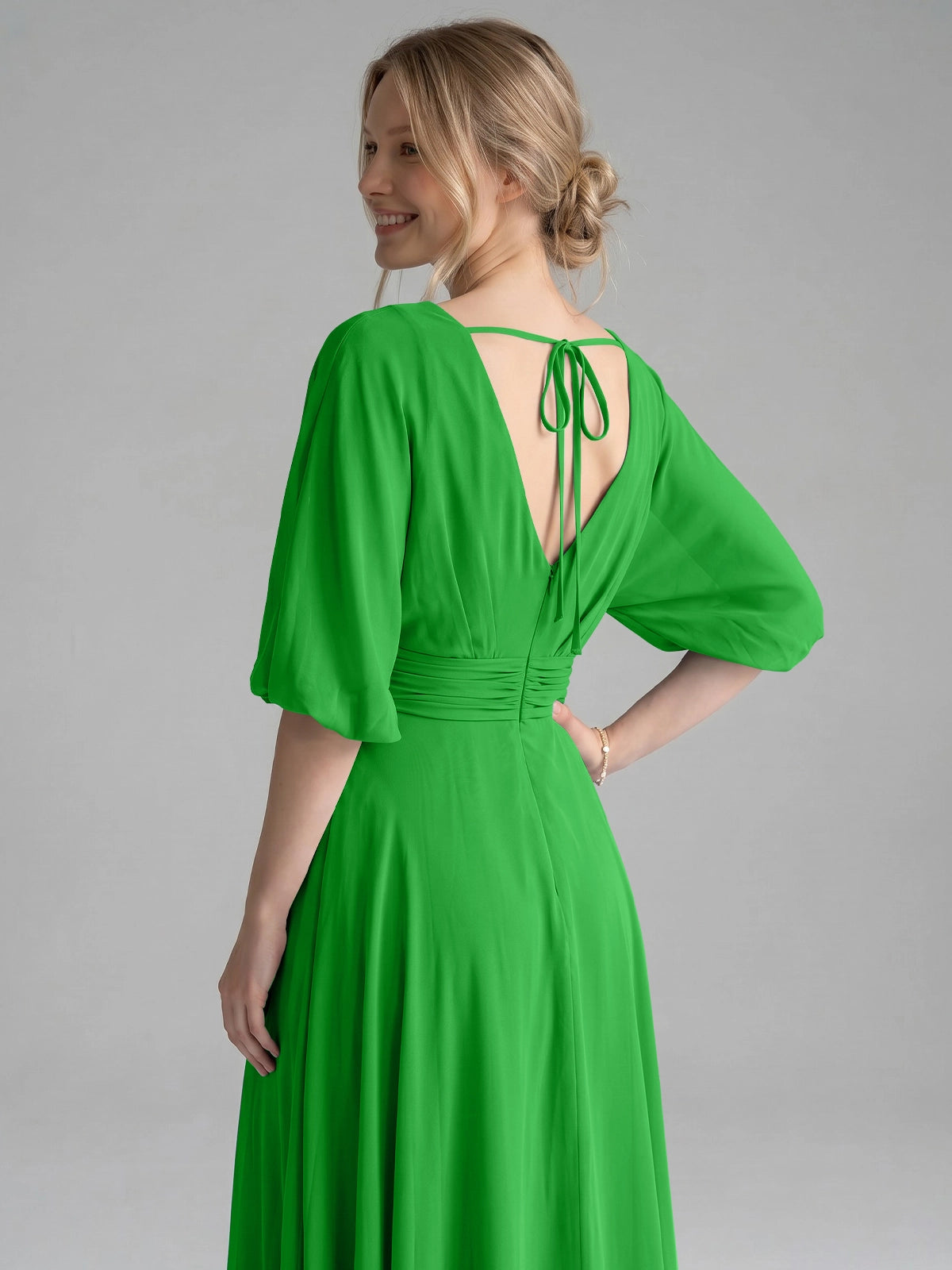 V-neck Slit Ruched Mother Dress 