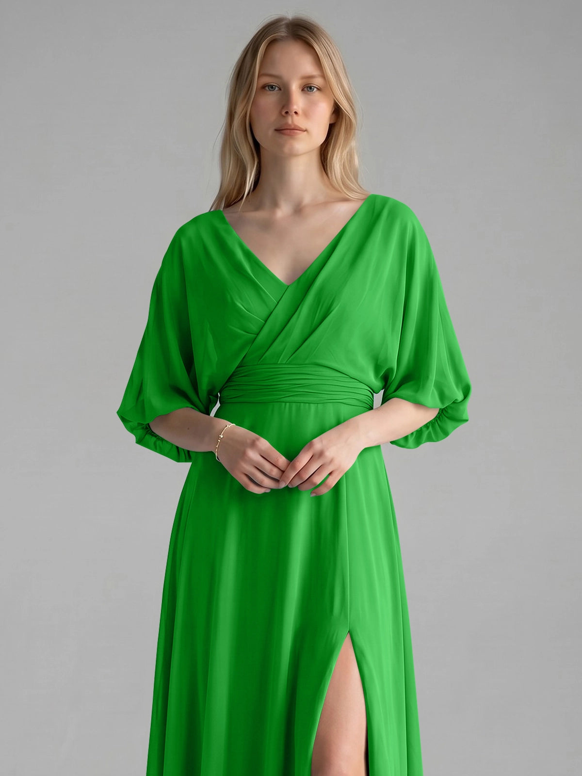 V-neck Slit Ruched Mother Dress 