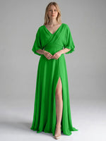 V-neck Slit Ruched Mother Dress 