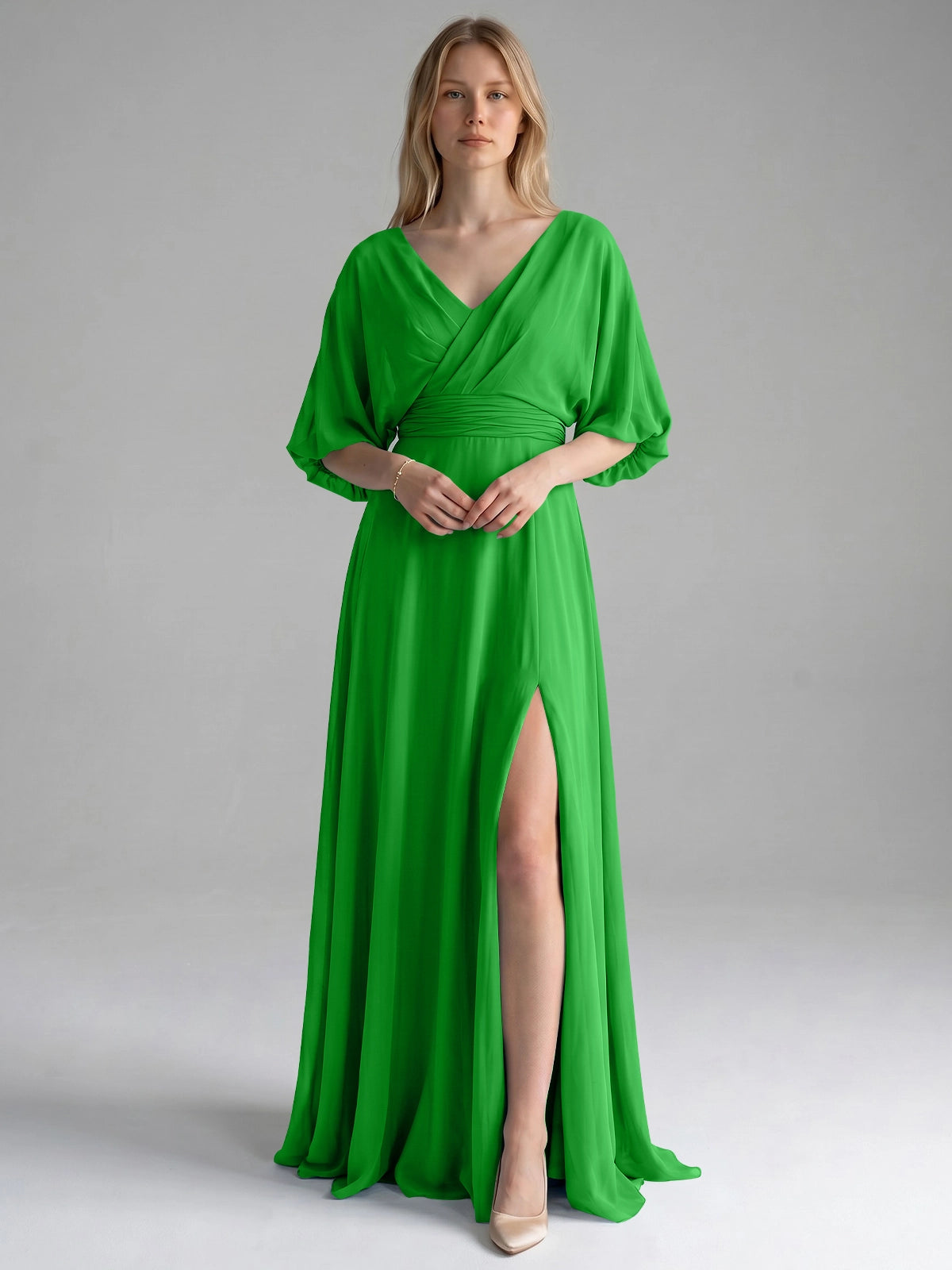 V-neck Slit Ruched Mother Dress 
