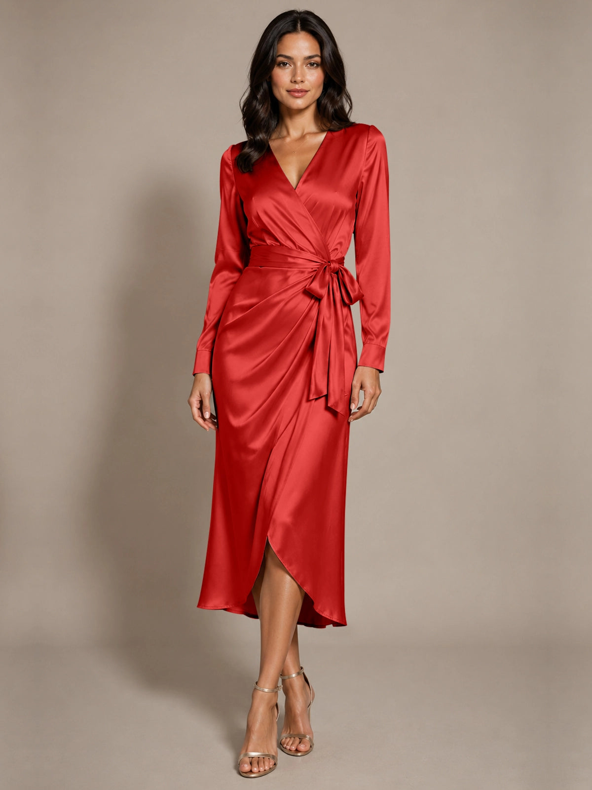 Silk-like Mother of the Bride Dress with Self-Tie Sash 