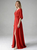 V-neck Slit Ruched Mother Dress 