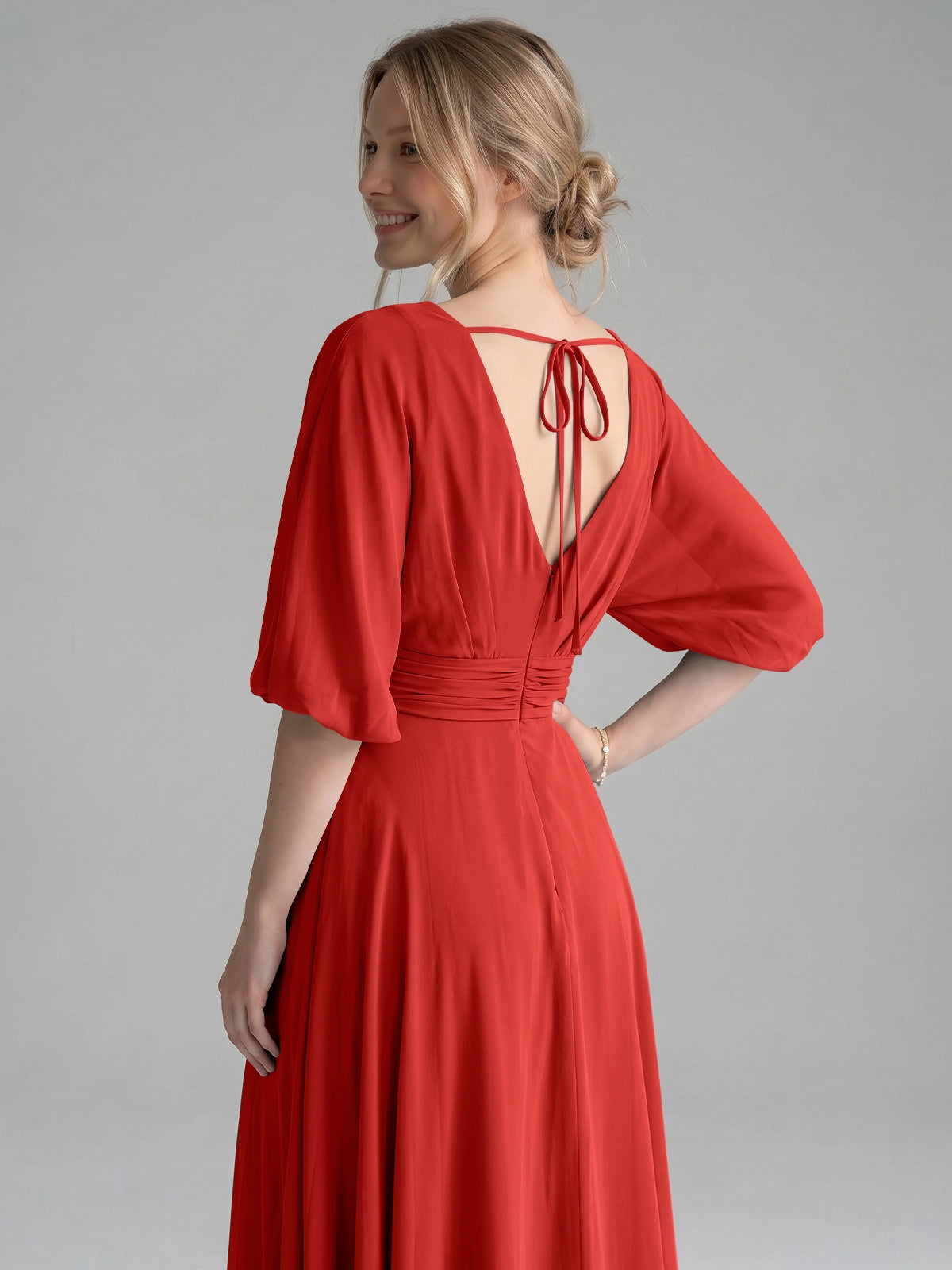 V-neck Slit Ruched Mother Dress 