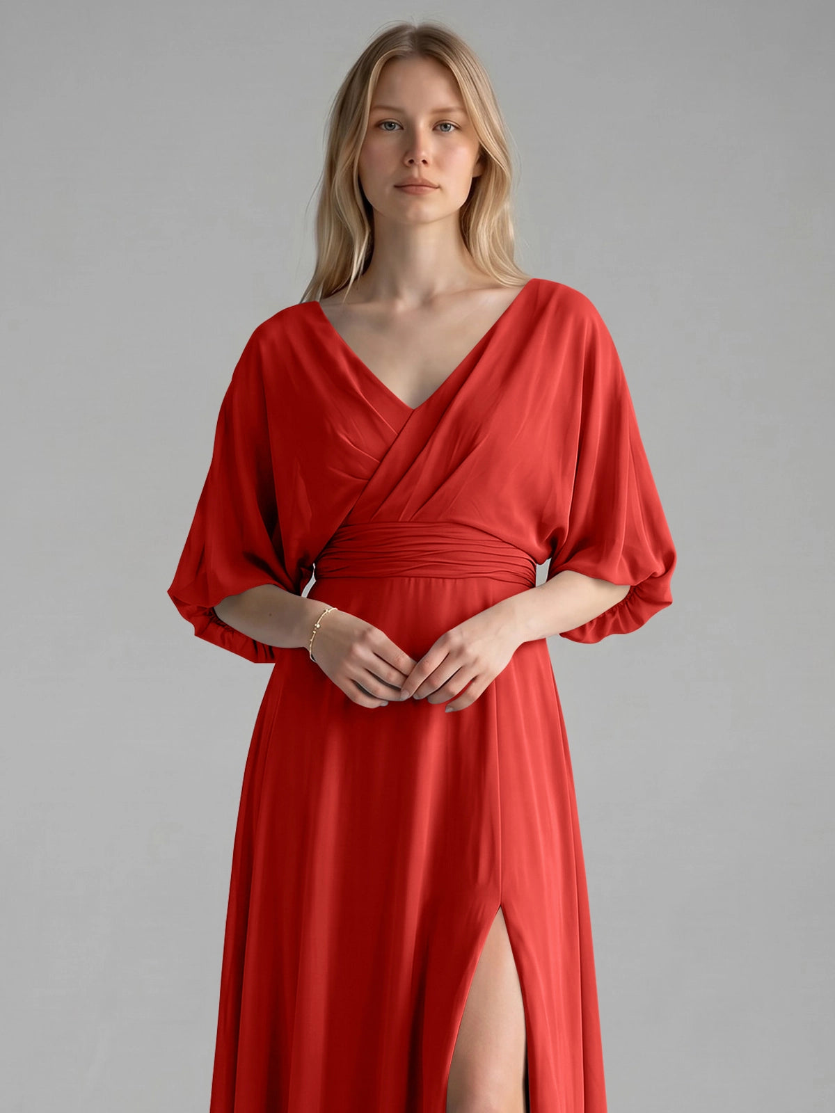 V-neck Slit Ruched Mother Dress 