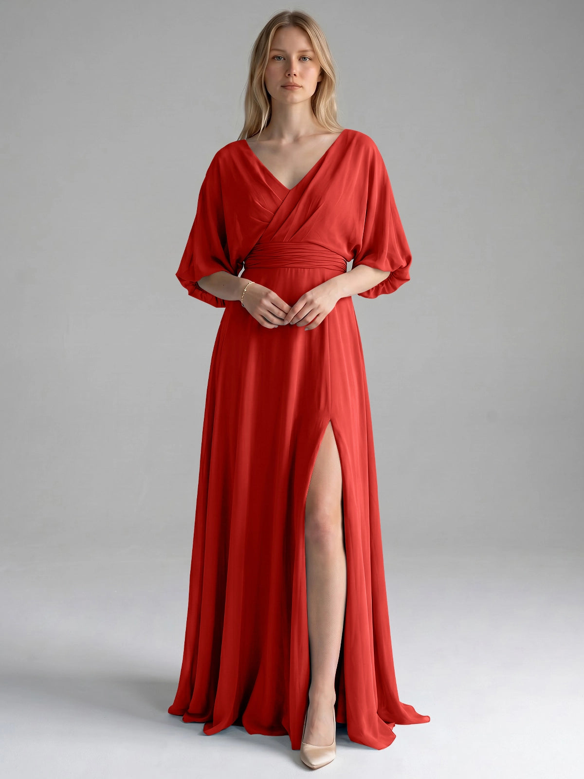 V-neck Slit Ruched Mother Dress 
