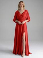 V-neck Slit Ruched Mother Dress 