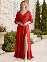 V-neck Slit Ruched Mother Dress 