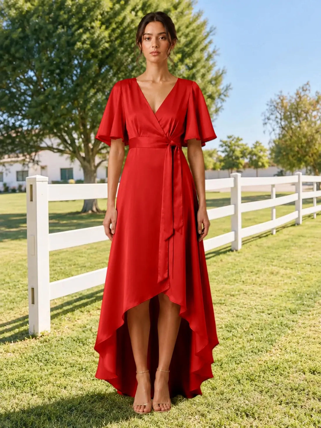 V-neck Bridesmaid Dress with Flutter Sleeves