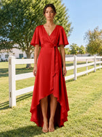 V-neck Bridesmaid Dress with Flutter Sleeves