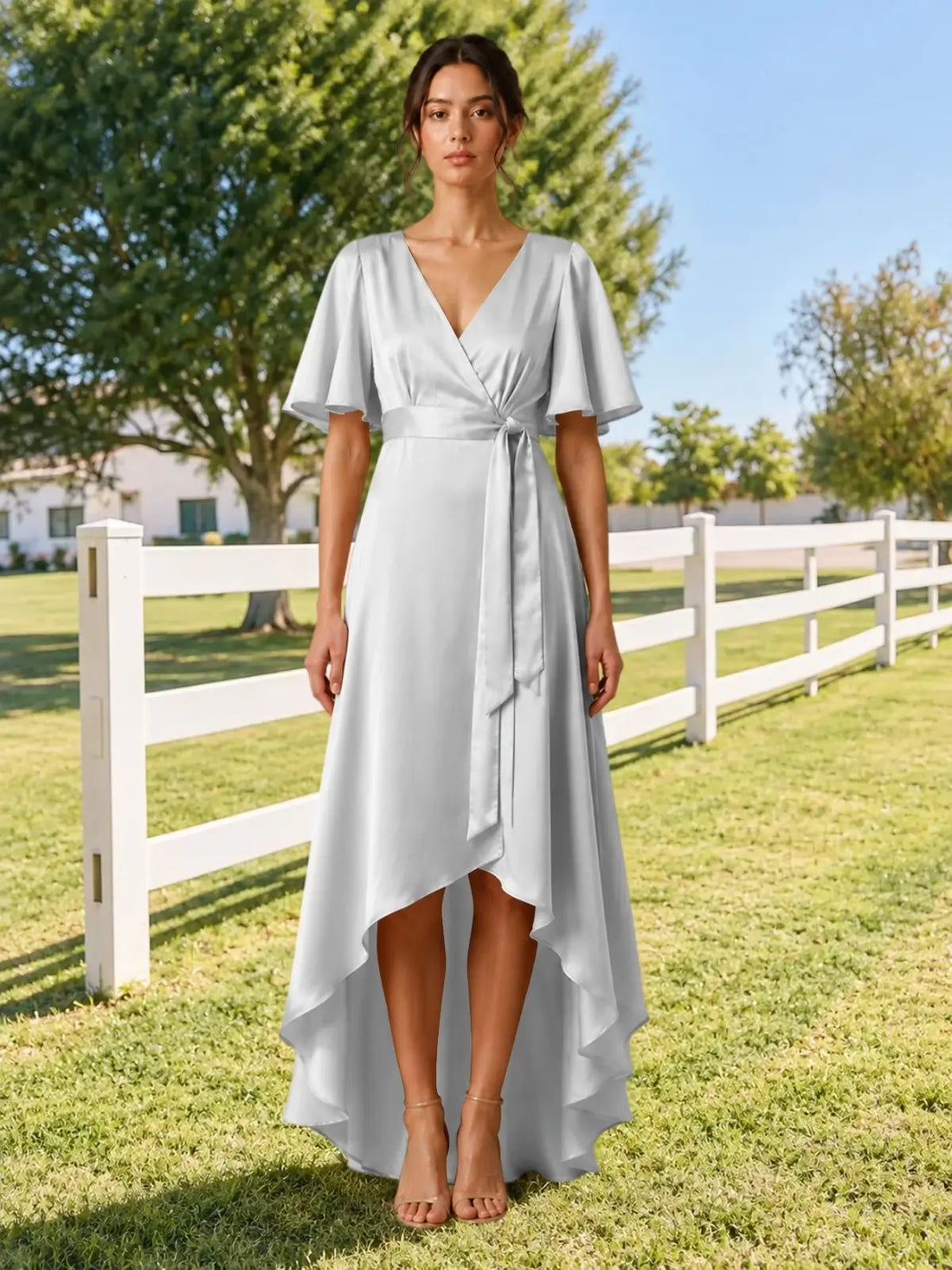 V-neck Bridesmaid Dress with Flutter Sleeves