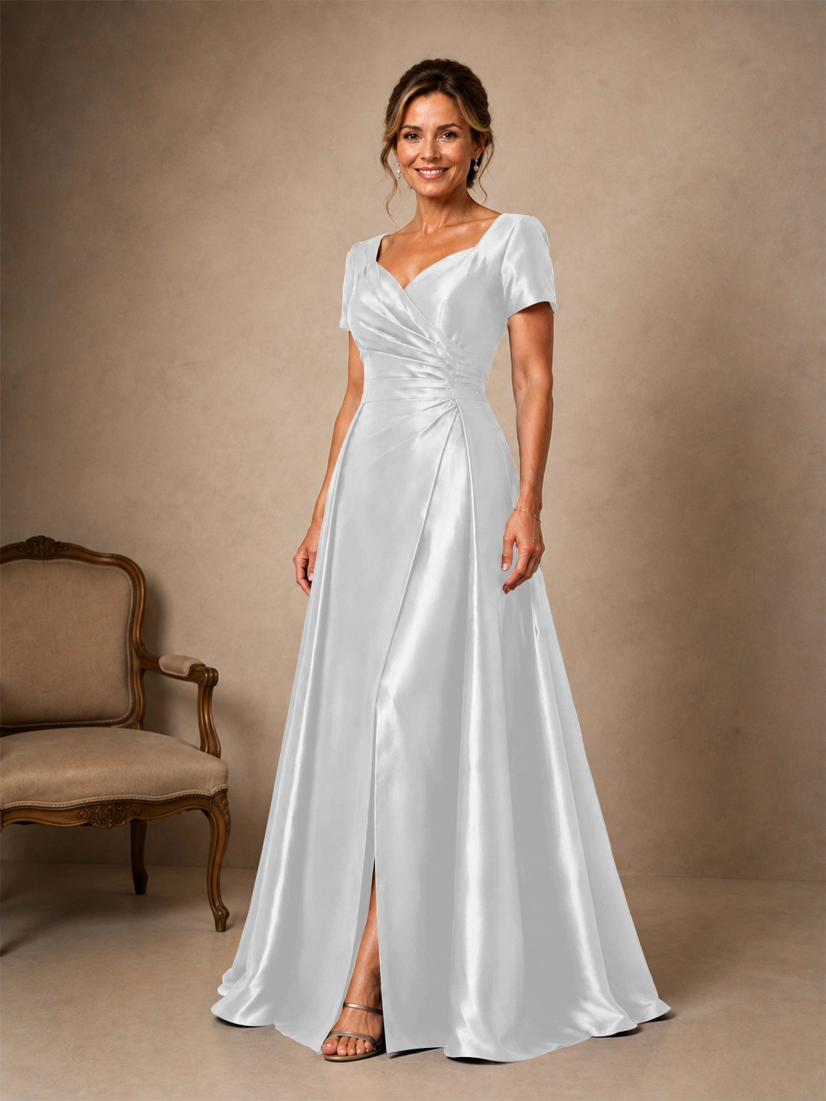 Silk-like Prom Dress with Short Sleeves 
