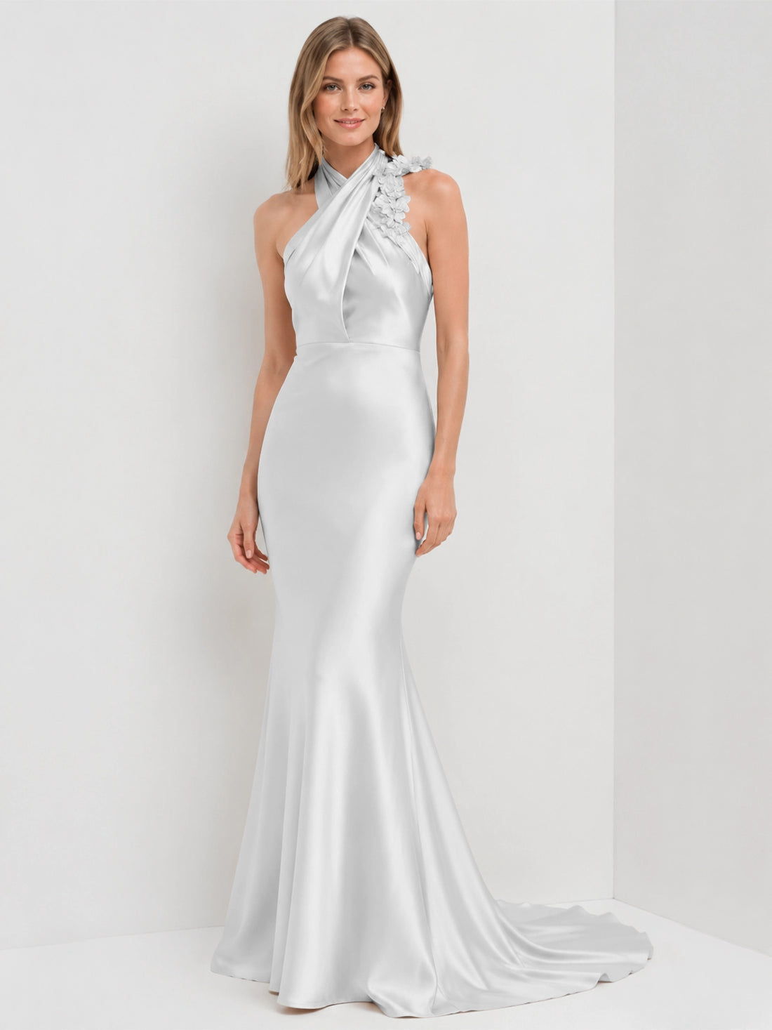 Silk-like Bridesmaid Dress with 3D Floral 