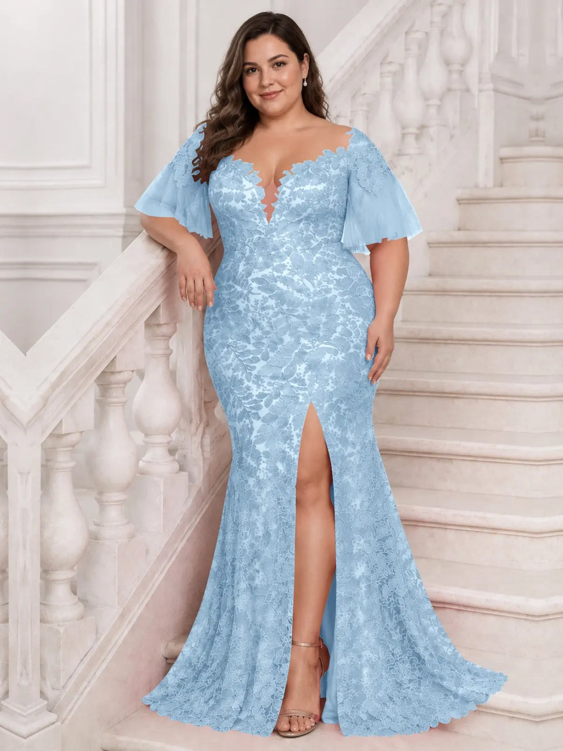 Mermaid Mother of the Bride Dress with V-neck-Plus Size 