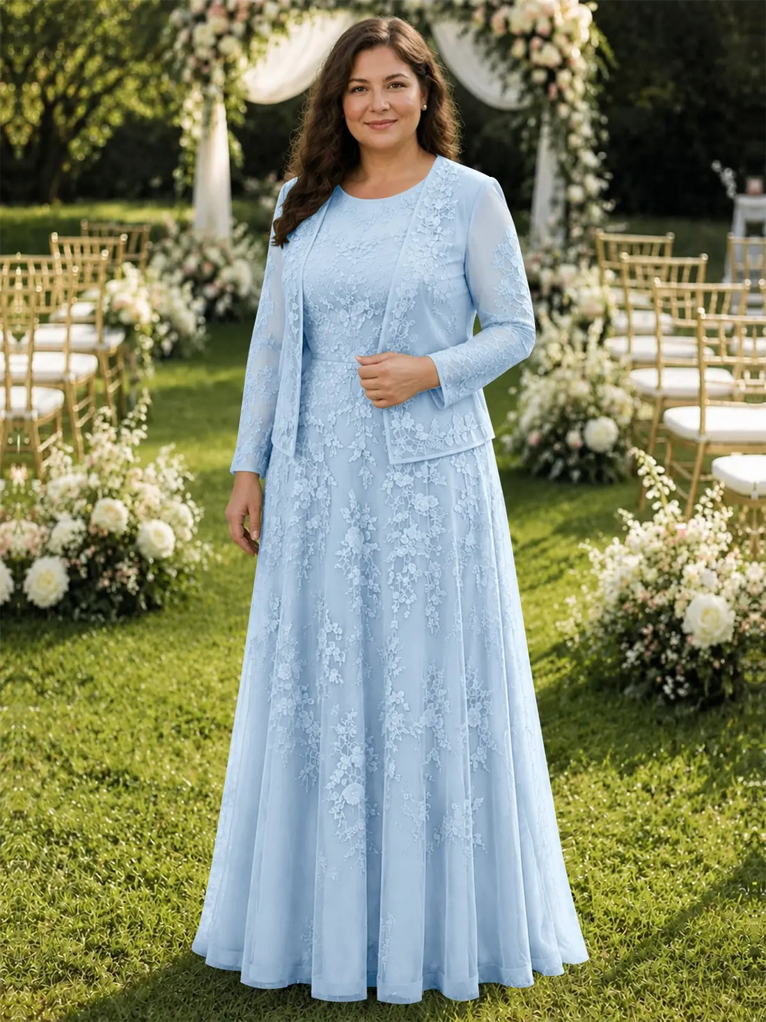 Two-Piece Lace Mother of the Bride Dress with Long Sleeves-Plus Size 