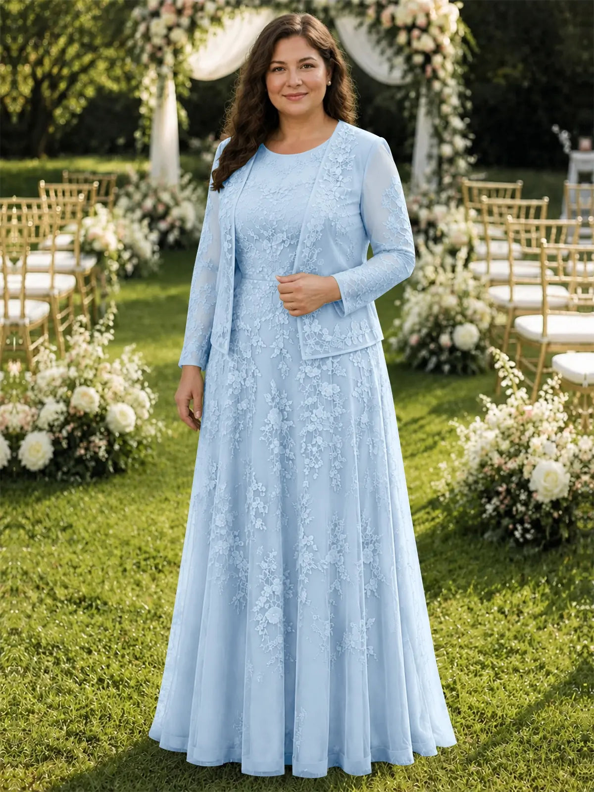 Two-Piece Lace Mother of the Bride Dress with Long Sleeves-Plus Size 