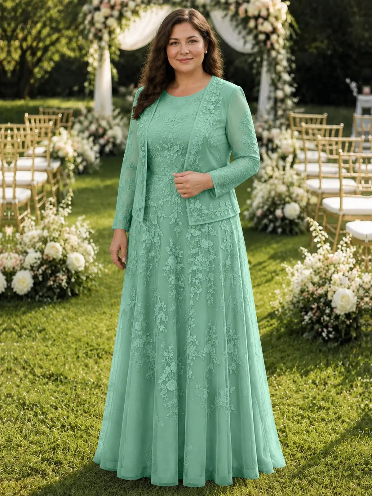 Two-Piece Lace Mother of the Bride Dress with Long Sleeves-Plus Size 