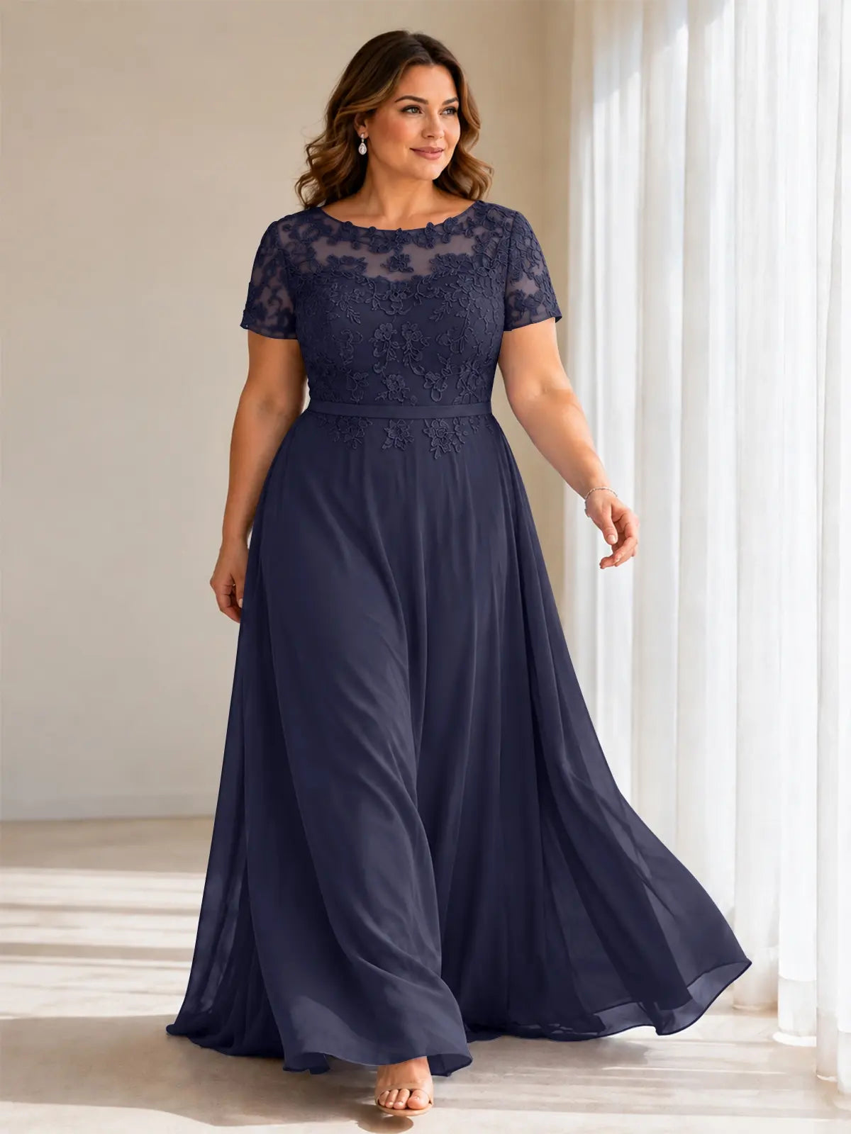 Illusion Applique Chiffon Dress-Plus Size 