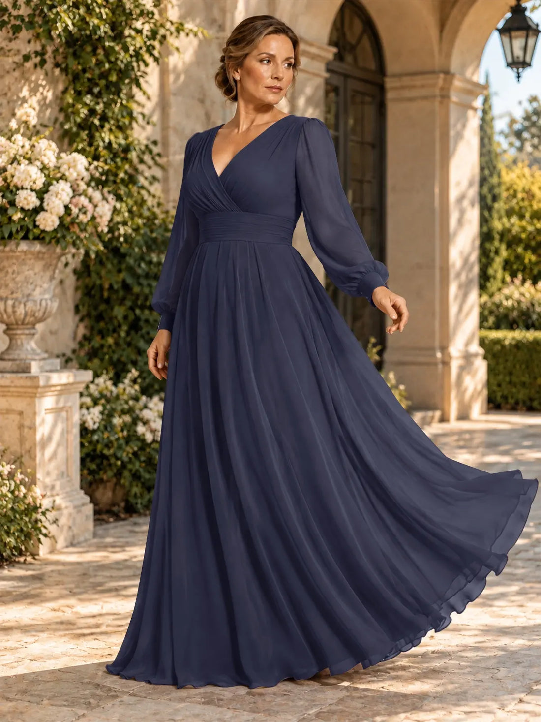 Chiffon Mother of the Bride Dress with Long Sleeves-Plus Size 