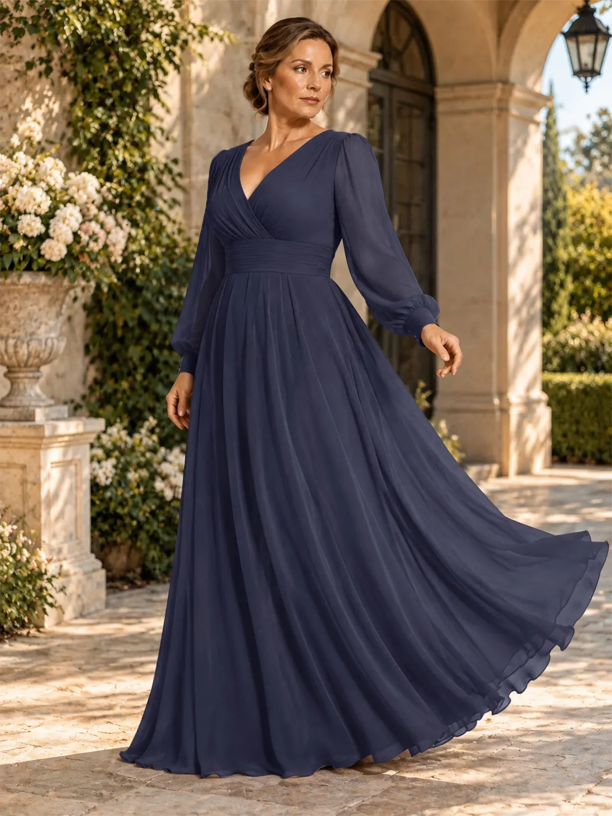Chiffon Mother of the Bride Dress with Long Sleeves-Plus Size 