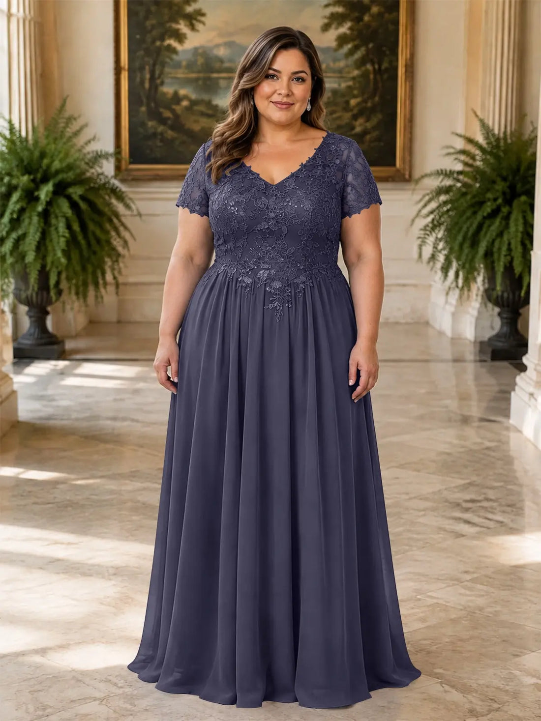 Short Sleeves Chiffon Dress-Plus Size 