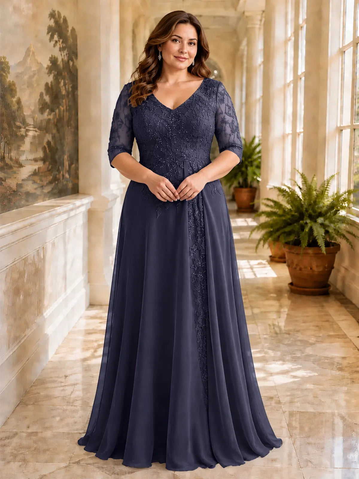 Applique V-Neck Chiffon Dress-Plus Size 