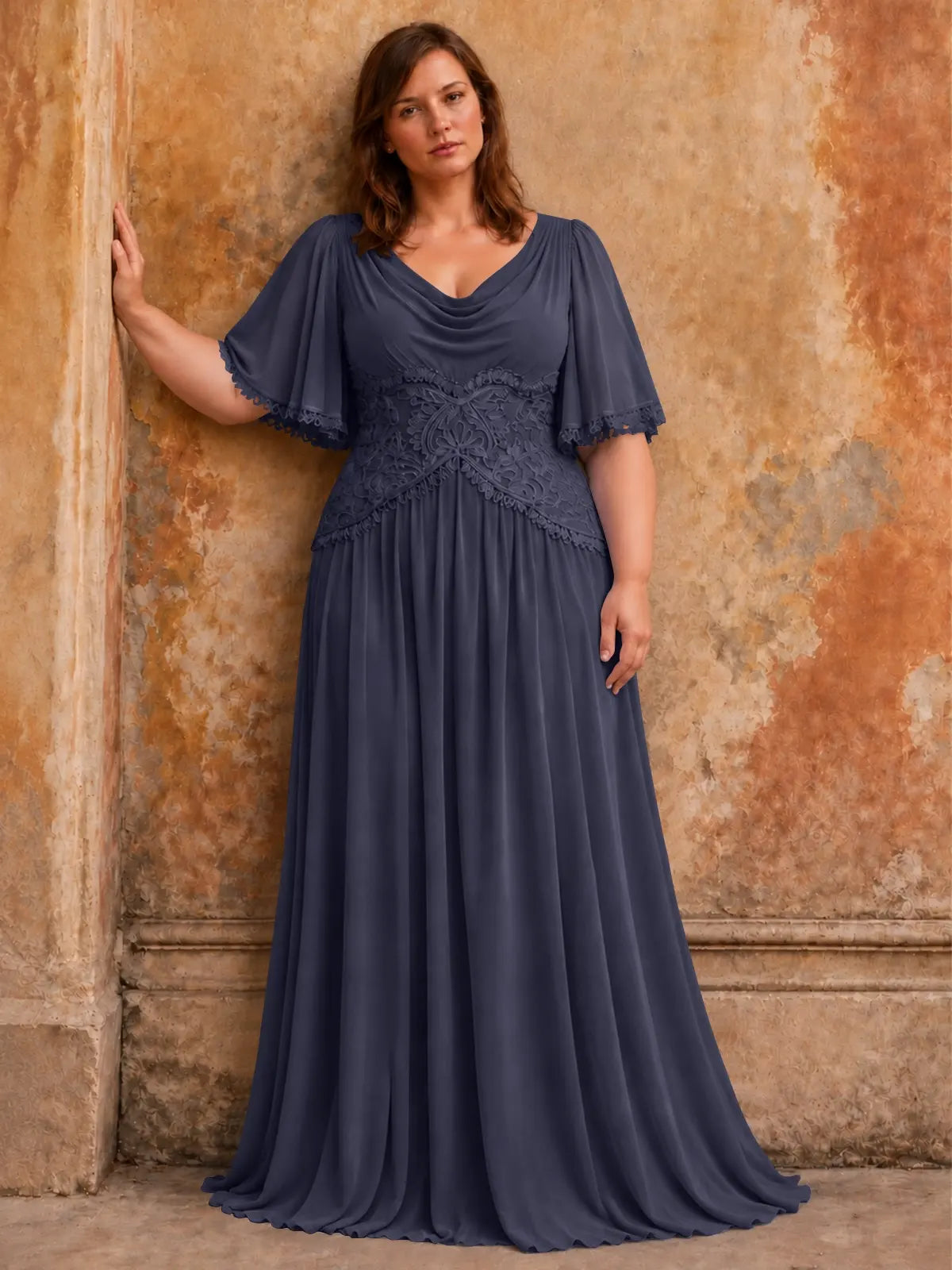 Cowl Neck Mother of the Bride Dress with Applique-Plus Size 