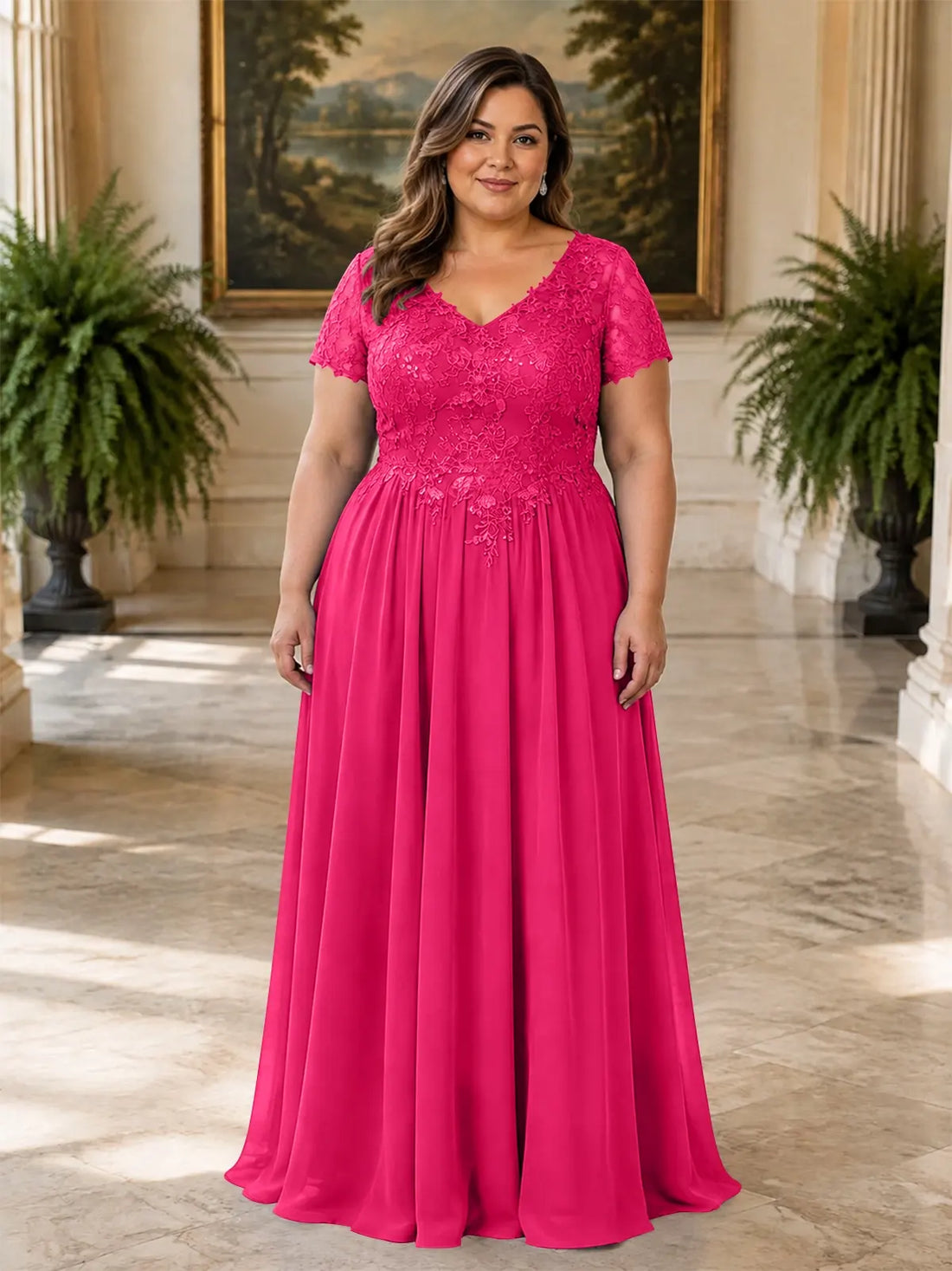 Short Sleeves Chiffon Dress-Plus Size 