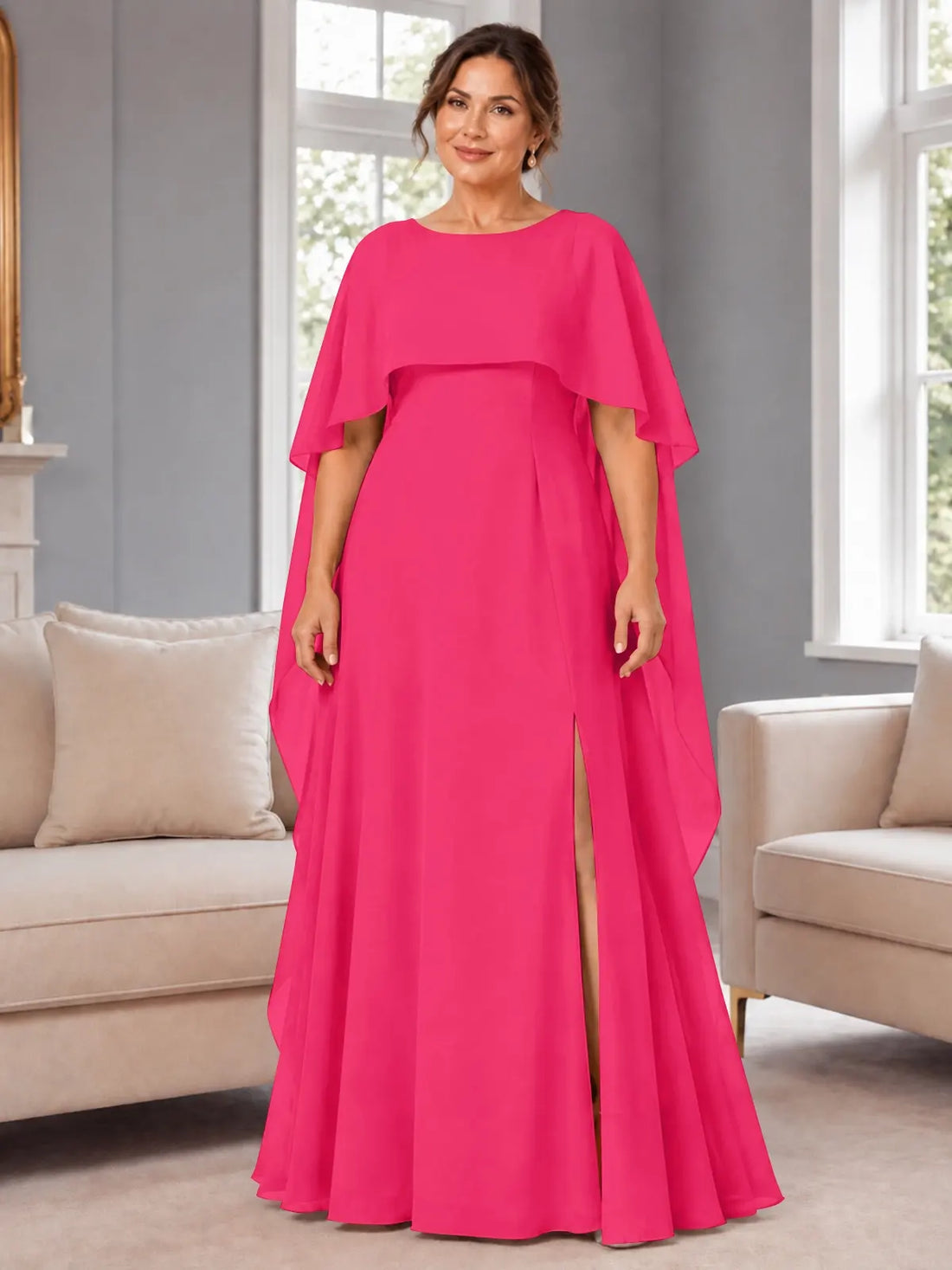 Chiffon Mother of the Bride Dress with Cape Overlay-Plus Size 
