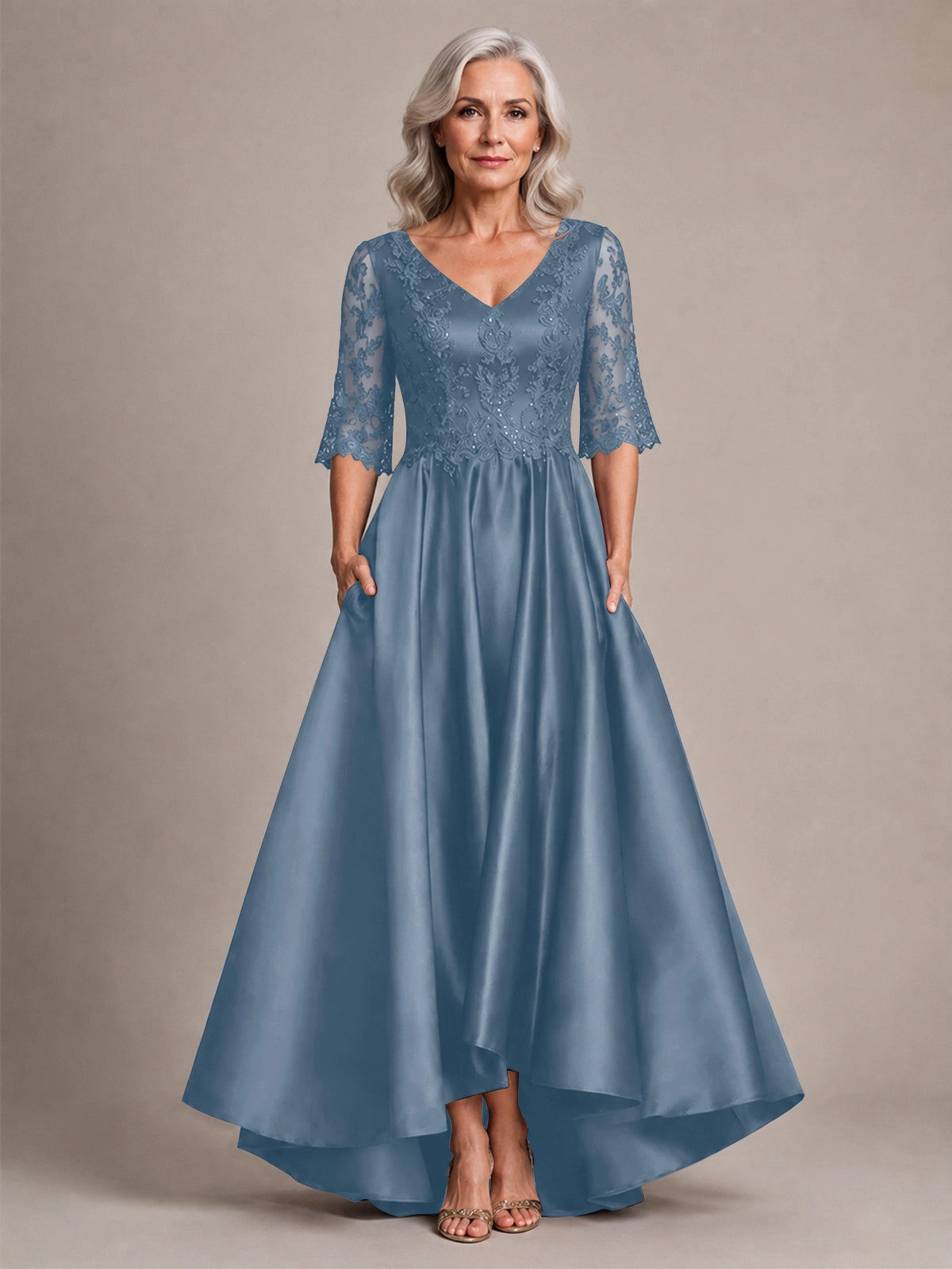 Satin Mother of the Bride Dress with Lace Sleeves 