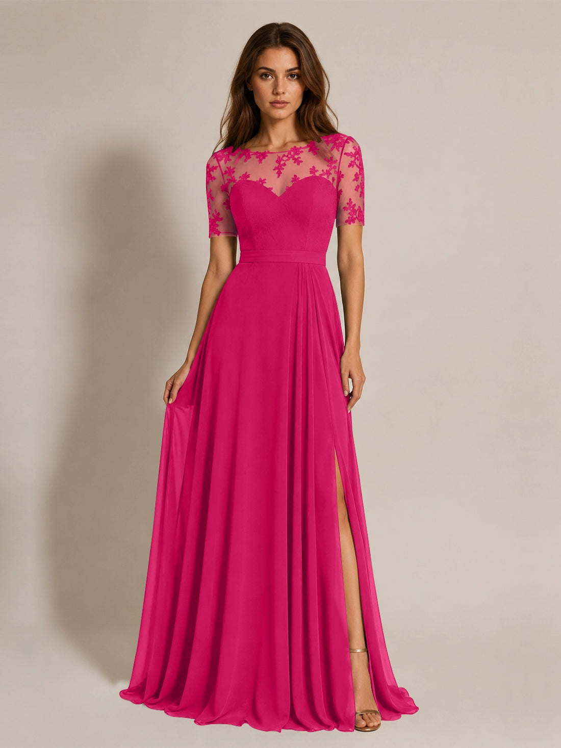 Lace Mother of the Bride Dress with Illusion Neckline 