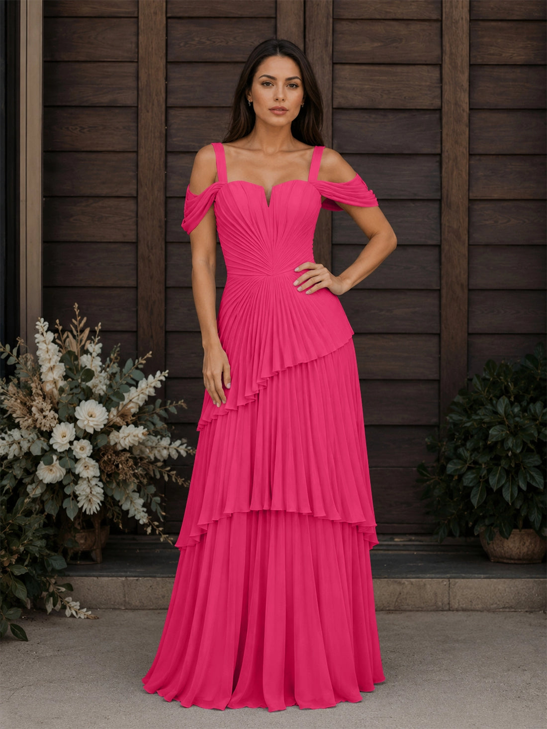 Chiffon Bridesmaid Dress with Cold-Shoulder 