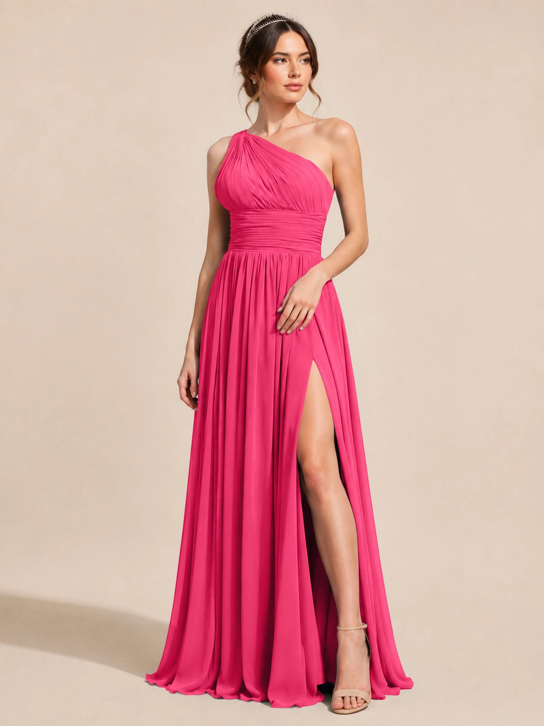 Chiffon Bridesmaid Dress with One-Shoulder Neckline 