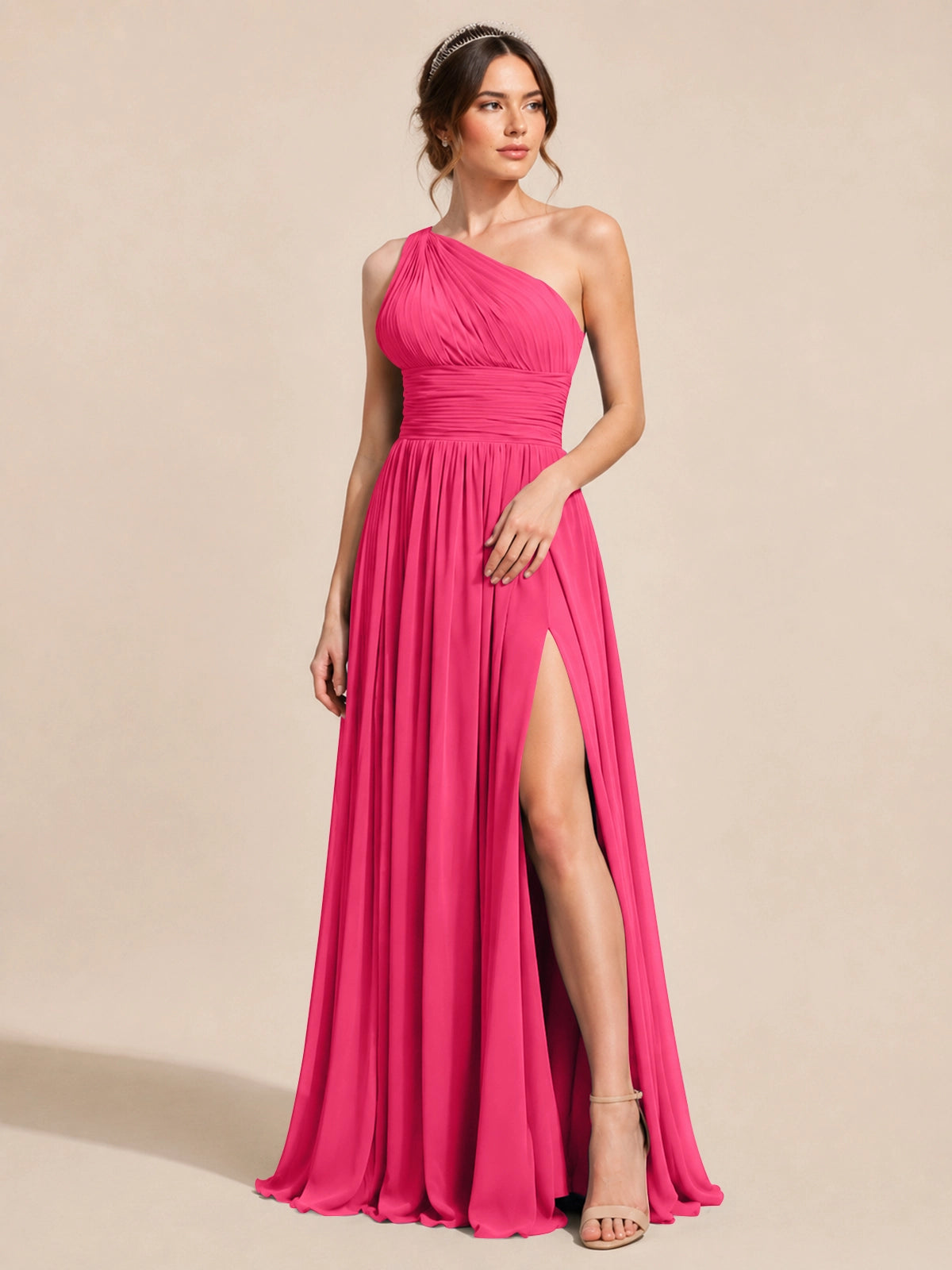 Chiffon Bridesmaid Dress with One-Shoulder Neckline 